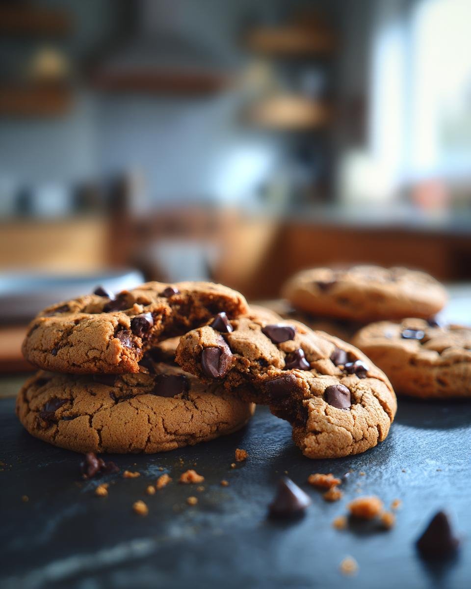Close-up of Irresistible Chocolate Chocolate Chip Cookies, one broken to show gooey chocolate chips.
