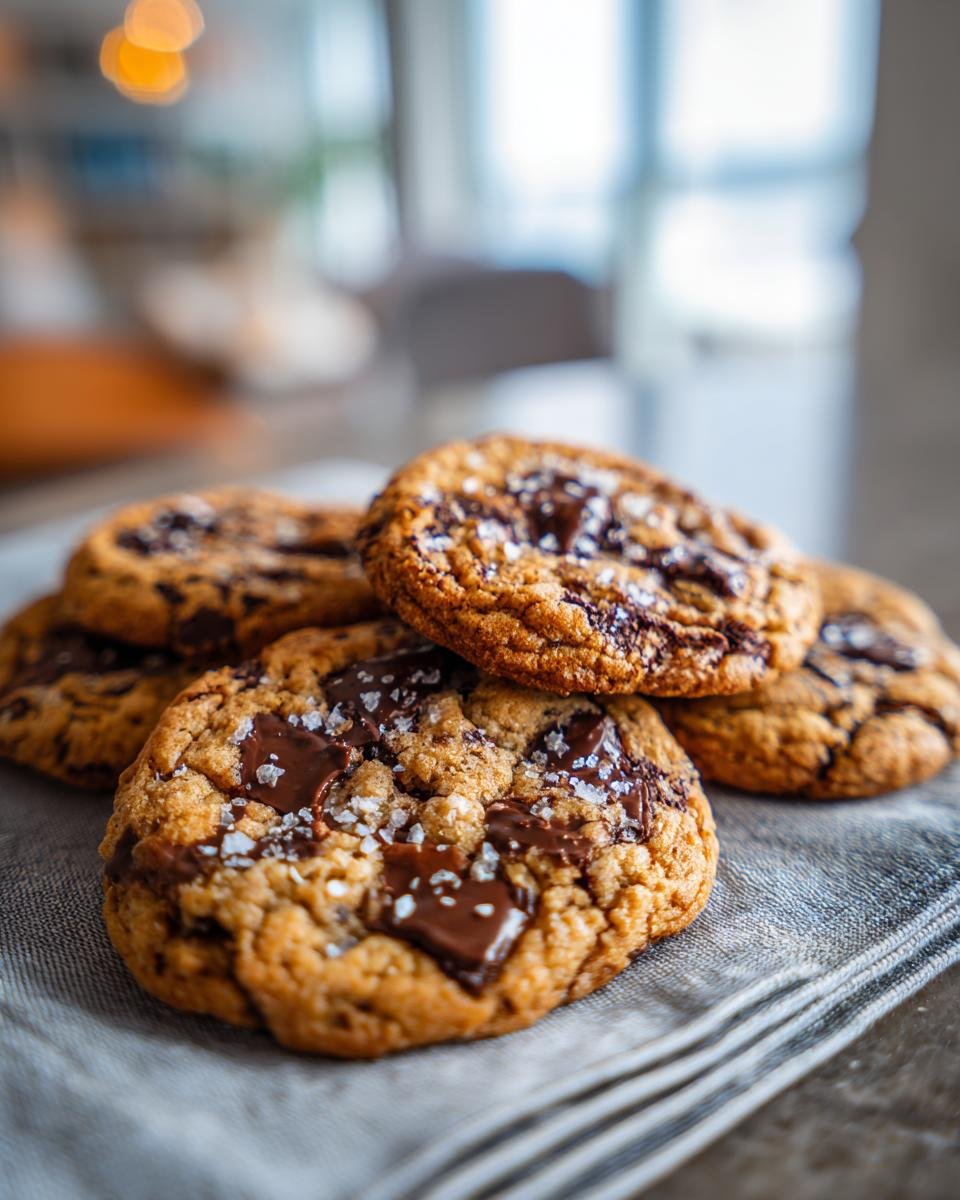 A stack of Irresistible Chocolate Chocolate Chip Cookies, topped with flaky sea salt and dark chocolate chunks.
