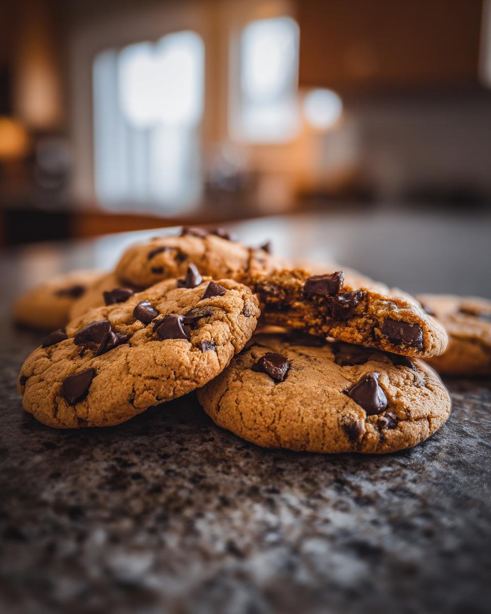 A close-up of Irresistible Chocolate Chocolate Chip Cookies piled on a granite countertop, one cookie broken to show melted chocolate chips.