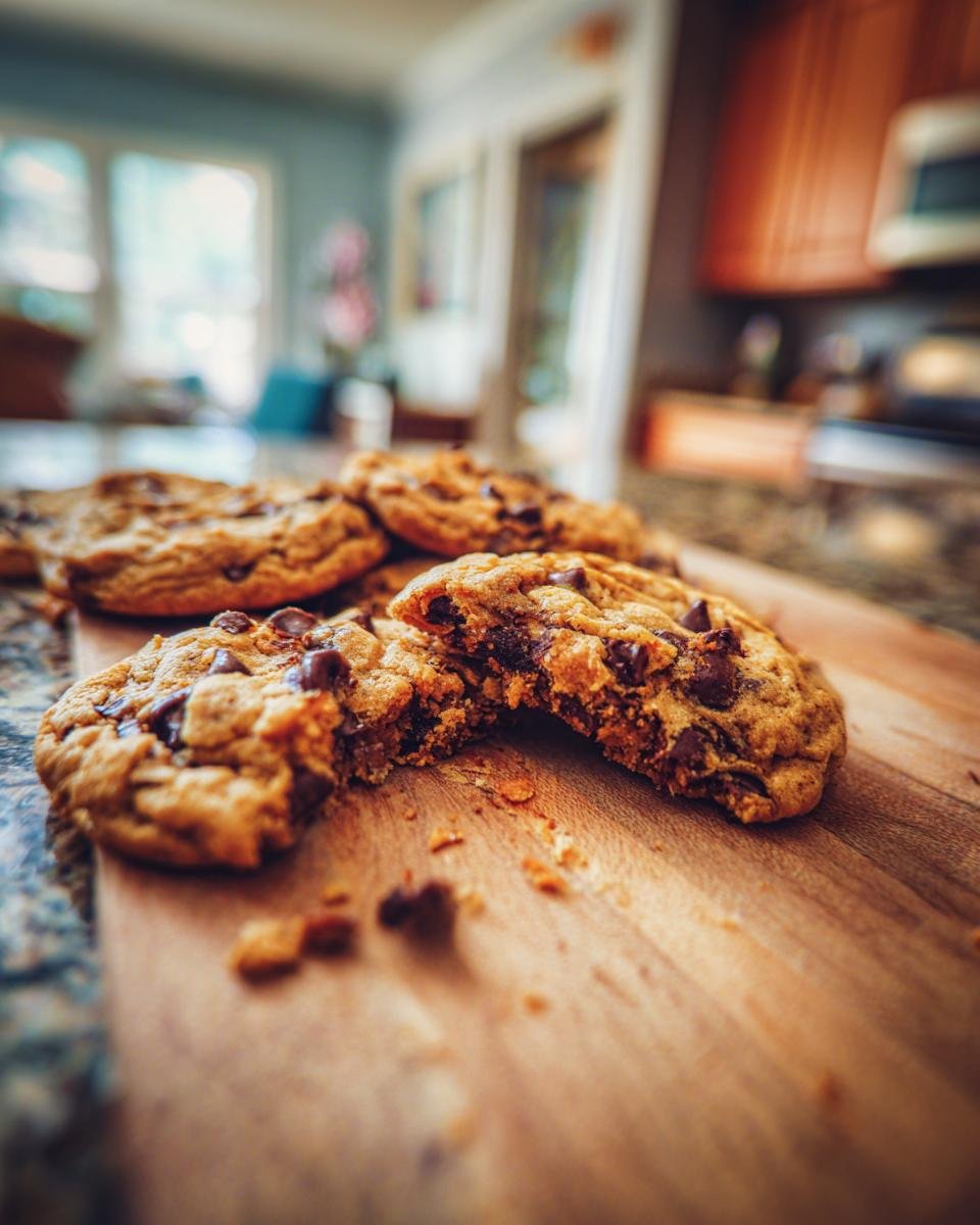 Close-up of Irresistible Chocolate Chocolate Chip Cookies on a wooden board, one broken in half.