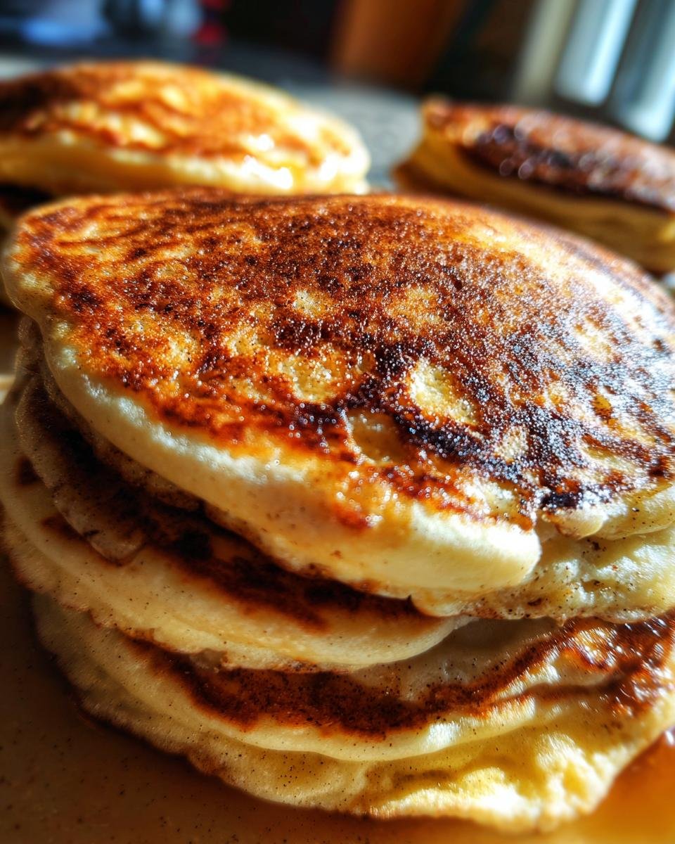 A close-up of a stack of Irresistible Cinnamon Brown Sugar Pancakes, golden brown with visible cinnamon sugar.