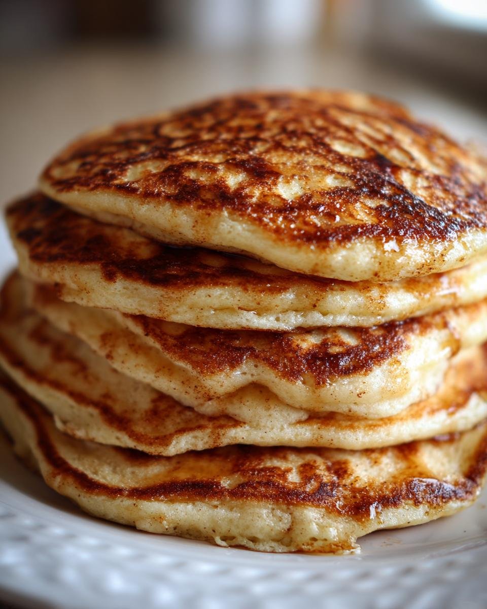 A close-up shot of a stack of fluffy Irresistible Cinnamon Brown Sugar Pancakes, golden brown and lightly dusted with cinnamon.
