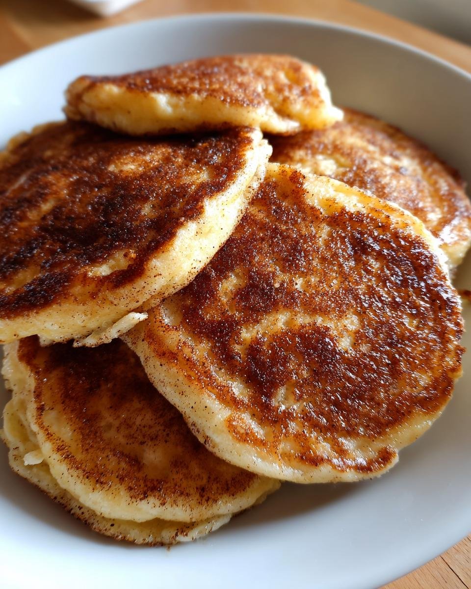 A stack of golden-brown Irresistible Cinnamon Brown Sugar Pancakes dusted with cinnamon.