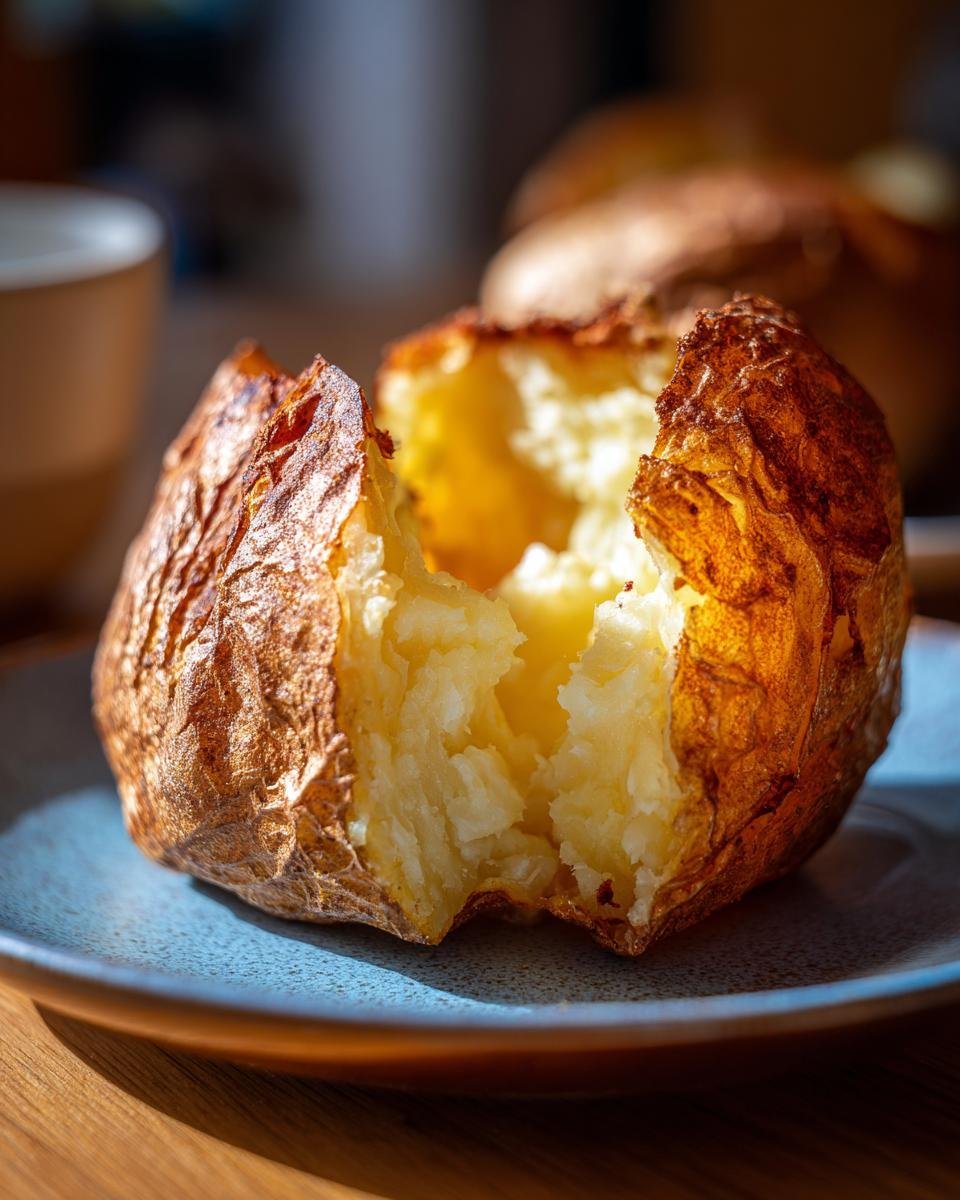Close-up of an Irresistible Crockpot Baked Potato, split open to reveal fluffy insides, on a blue plate.
