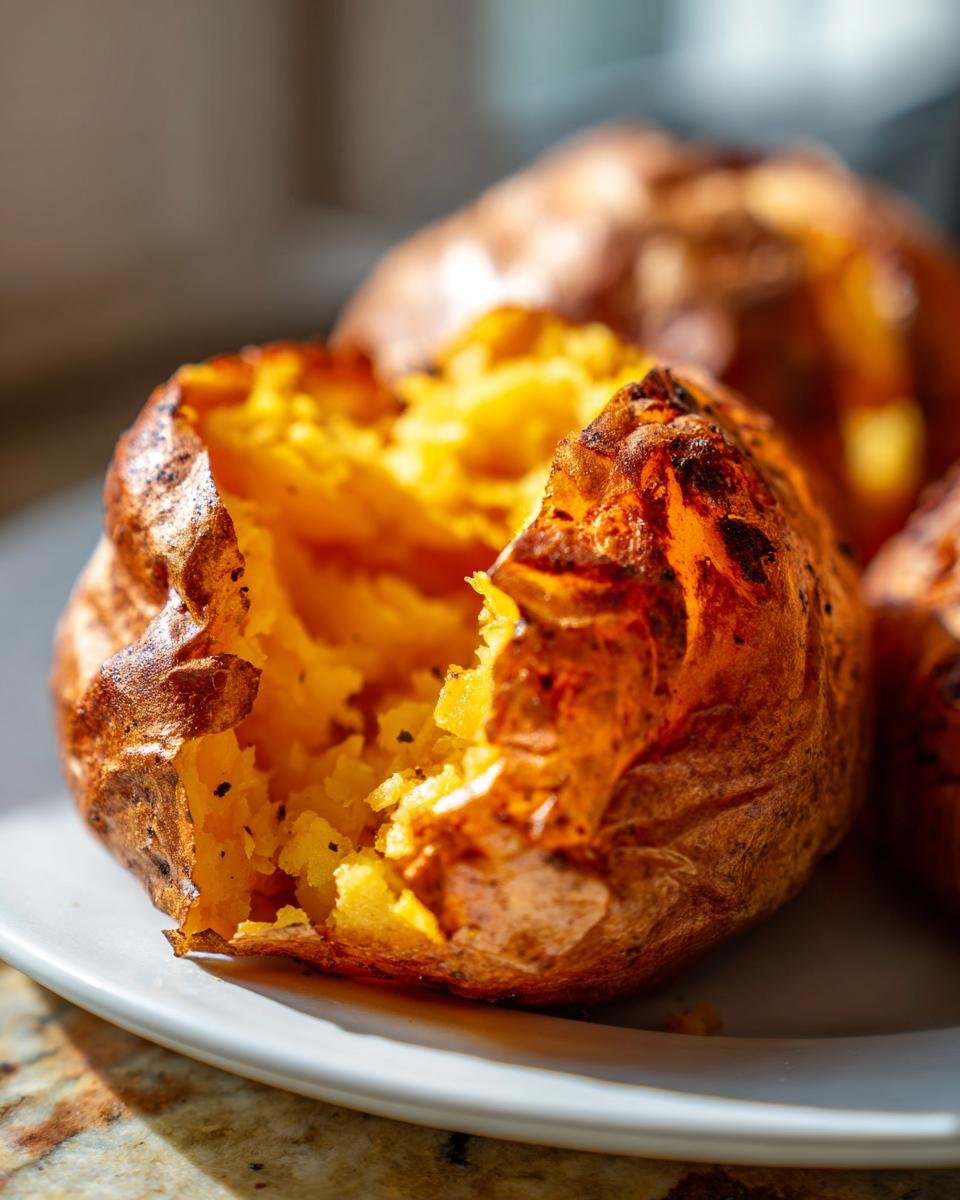 Close-up of an Irresistible Crockpot Baked Potato with a fluffy, seasoned interior and crispy skin.