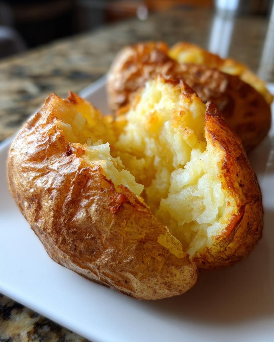 Close-up of an Irresistible Crockpot Baked Potato, split open to reveal fluffy insides and a golden-brown crispy skin.
