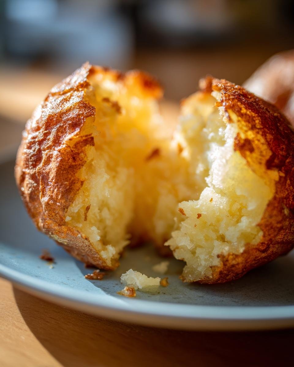 Close-up of an Irresistible Crockpot Baked Potato, split open to reveal a fluffy, steaming interior and golden-brown skin.