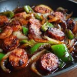 Close-up of Irresistible Crockpot Kielbasa recipe with sliced kielbasa, green bell peppers, and onions in a savory sauce.