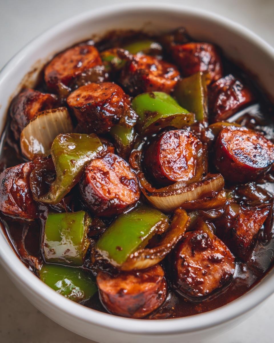 A close-up of Irresistible Crockpot Kielbasa recipe with sliced kielbasa, green bell peppers, and onions in a rich sauce.