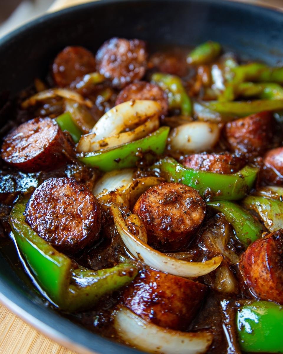 Close-up of Irresistible Crockpot Kielbasa Recipe with sliced green bell peppers and onions in a rich sauce.