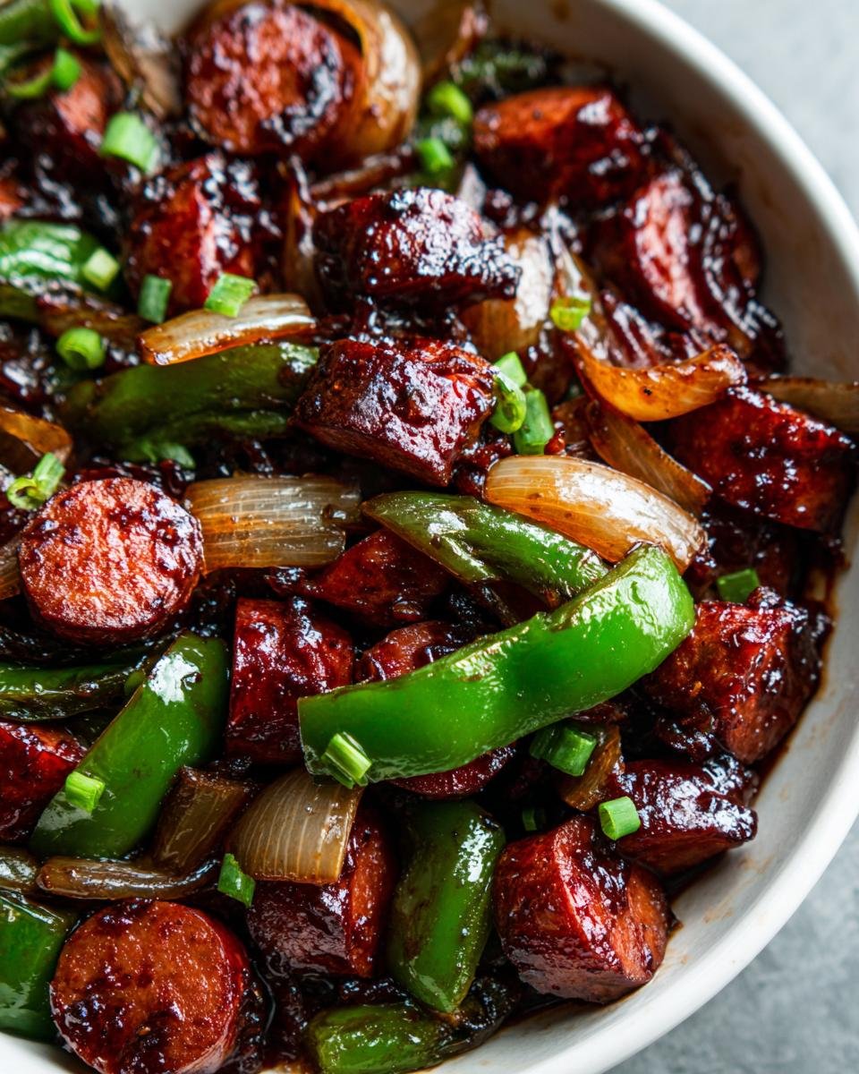 Close-up of Irresistible Crockpot Kielbasa Recipe with green bell peppers, onions, and a glossy sauce.