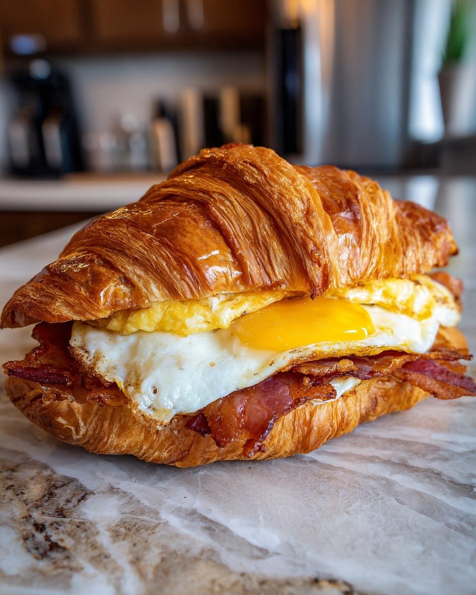 A close-up of an irresistible croissant breakfast sandwich filled with crispy bacon and a fried egg.