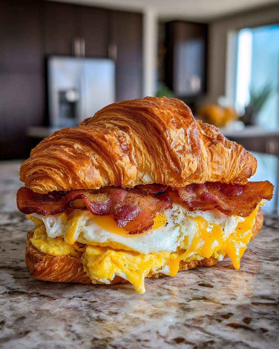A close-up of an irresistible croissant breakfast sandwich filled with scrambled eggs, melted cheese, and crispy bacon.