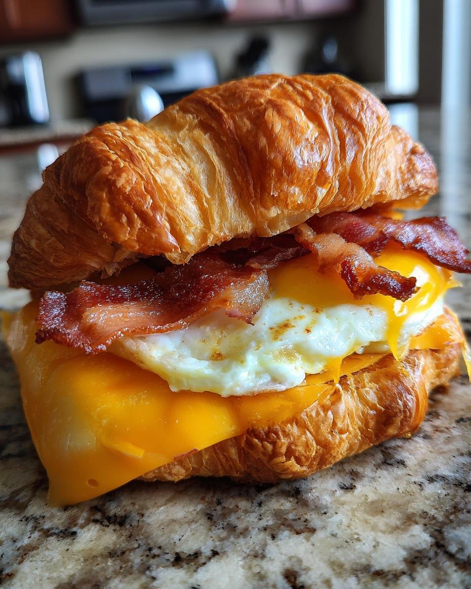 Close-up of an irresistible croissant breakfast sandwich filled with melted cheese, a fried egg, and crispy bacon.