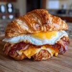 Close-up of an irresistible croissant breakfast sandwich with a fried egg, crispy bacon, and melted cheese.