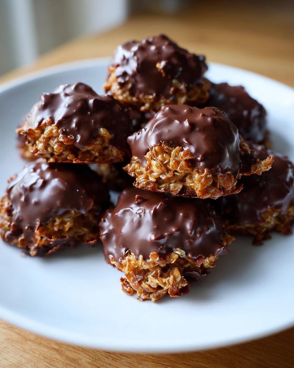 A stack of Irresistible Healthy Dark Chocolate Quinoa Crisps on a white plate, showcasing their textured oat and quinoa base topped with rich dark chocolate.