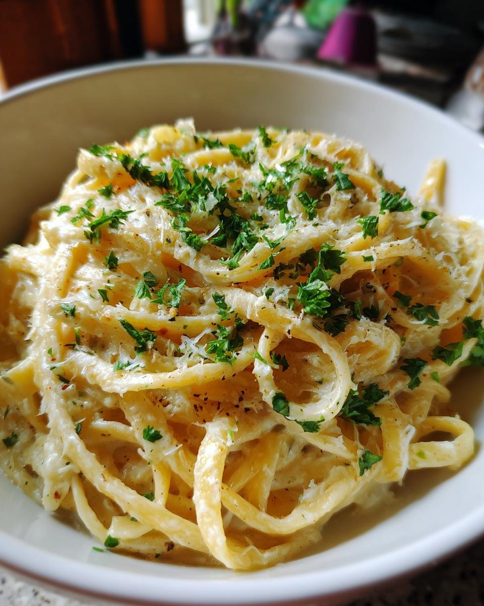A close-up of a bowl of Irresistible Easy Garlic Parmesan Pasta, garnished with fresh parsley and grated Parmesan cheese.
