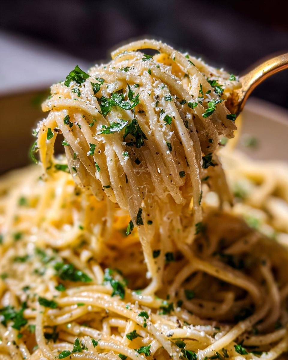 A fork lifting a generous portion of Irresistible Easy Garlic Parmesan Pasta, topped with fresh parsley and grated cheese.