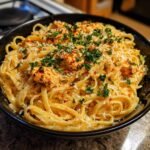 A close-up of a bowl of Irresistible Easy Lemon Chicken Pasta, topped with fresh parsley and grated cheese.