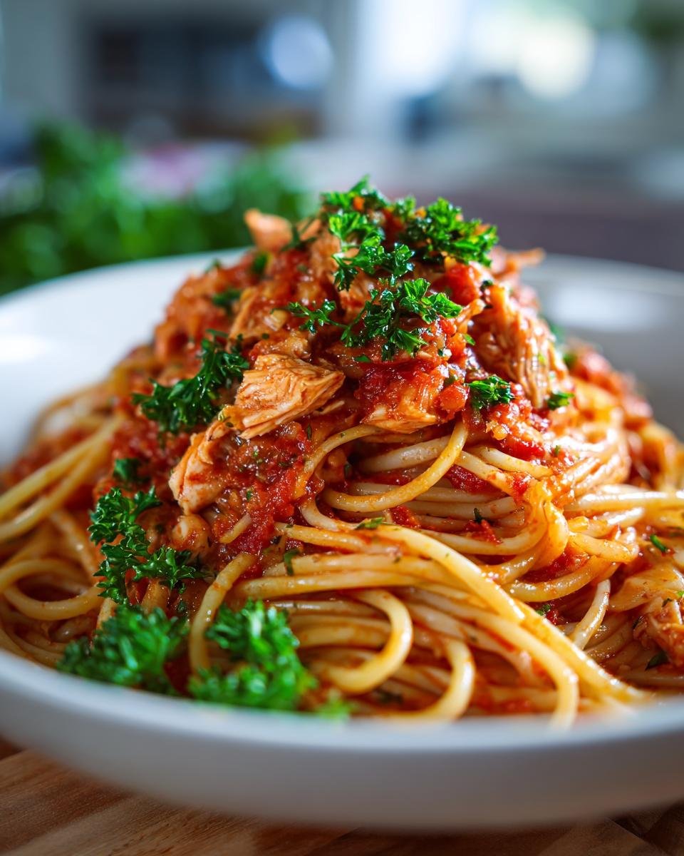 A close-up of Irresistible Easy Lemon Chicken Pasta, featuring spaghetti with shredded chicken and a rich tomato sauce, garnished with fresh parsley.