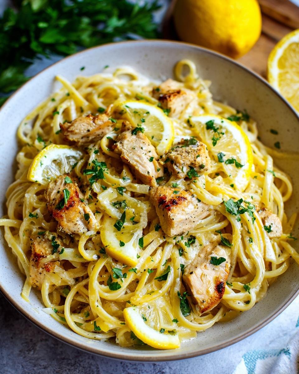 A close-up of Irresistible Easy Lemon Chicken Pasta in a bowl, garnished with lemon slices and parsley.