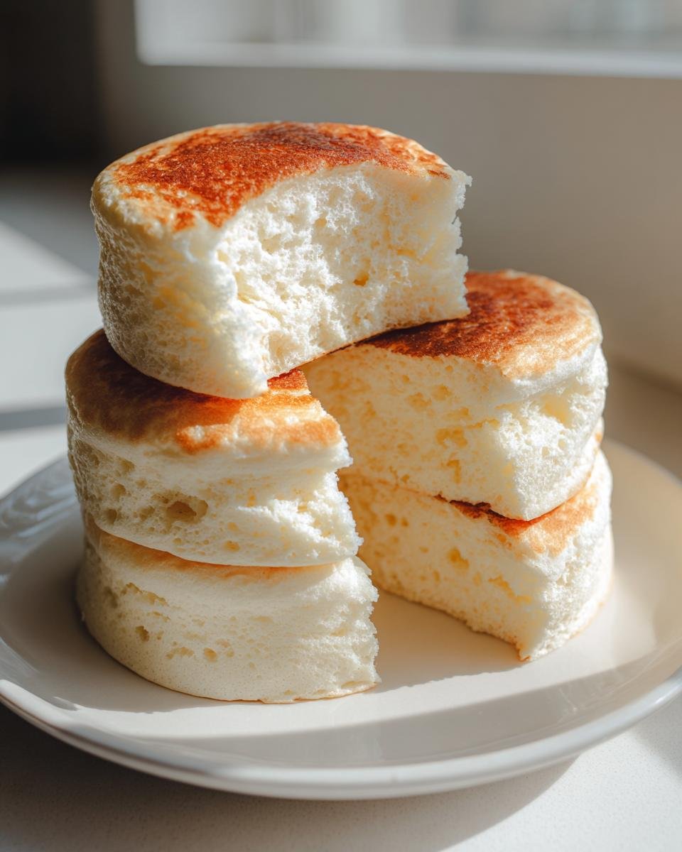 A stack of three Irresistible Fluffy Souffle Pancakes, with a bite taken out of the top one.