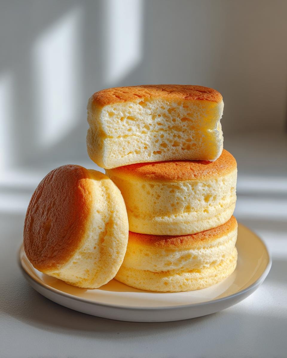 A stack of three irresistible fluffy souffle pancakes, with one pancake to the side.