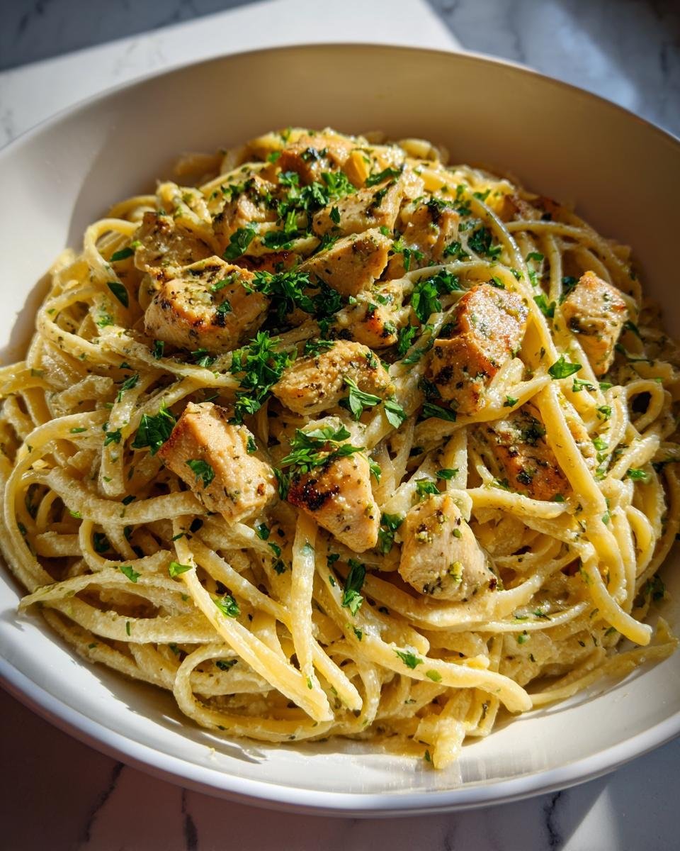 A bowl of Irresistible Garlic Parmesan Healthy Chicken Pasta, topped with fresh parsley.