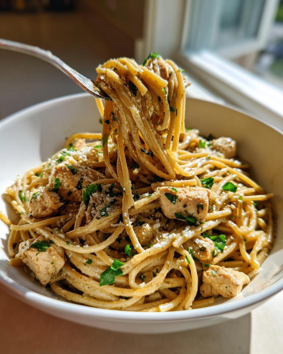 A fork lifting a swirl of Irresistible Garlic Parmesan Healthy Chicken Pasta from a white bowl, garnished with parsley and cheese.