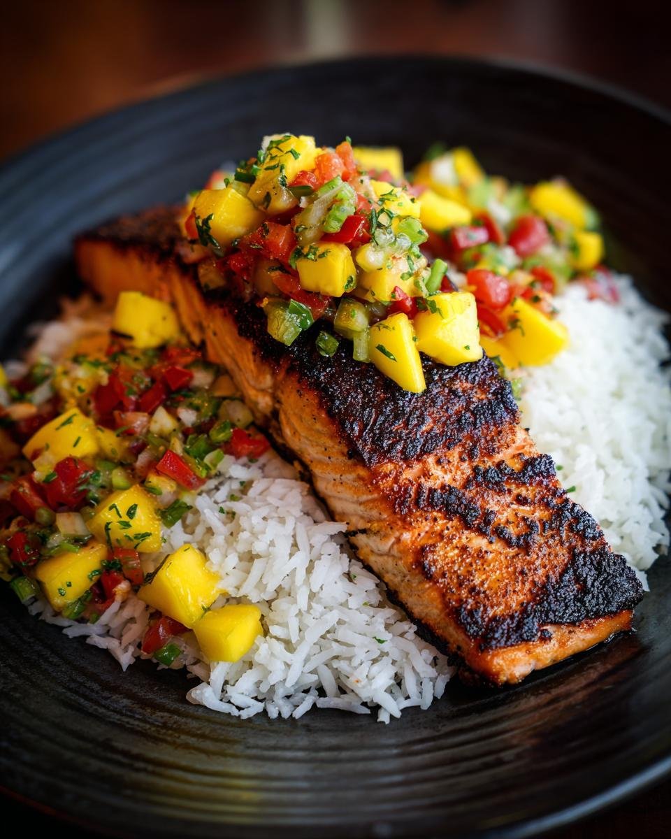 Close-up of Irresistible Grilled Salmon with Mango Salsa served over coconut rice on a black plate.