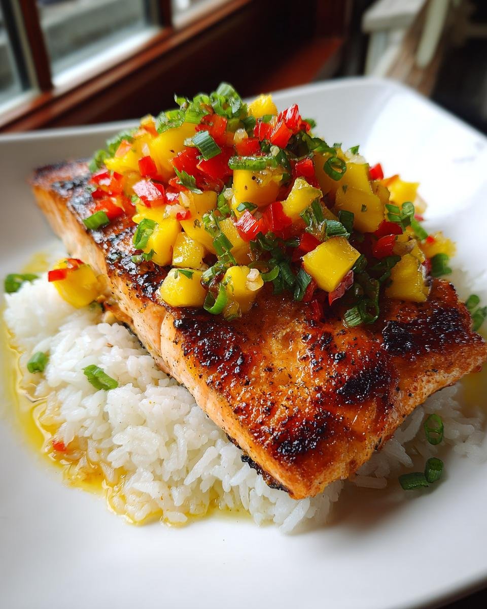Close-up of Irresistible Grilled Salmon with Mango Salsa served over coconut rice, garnished with green onions.