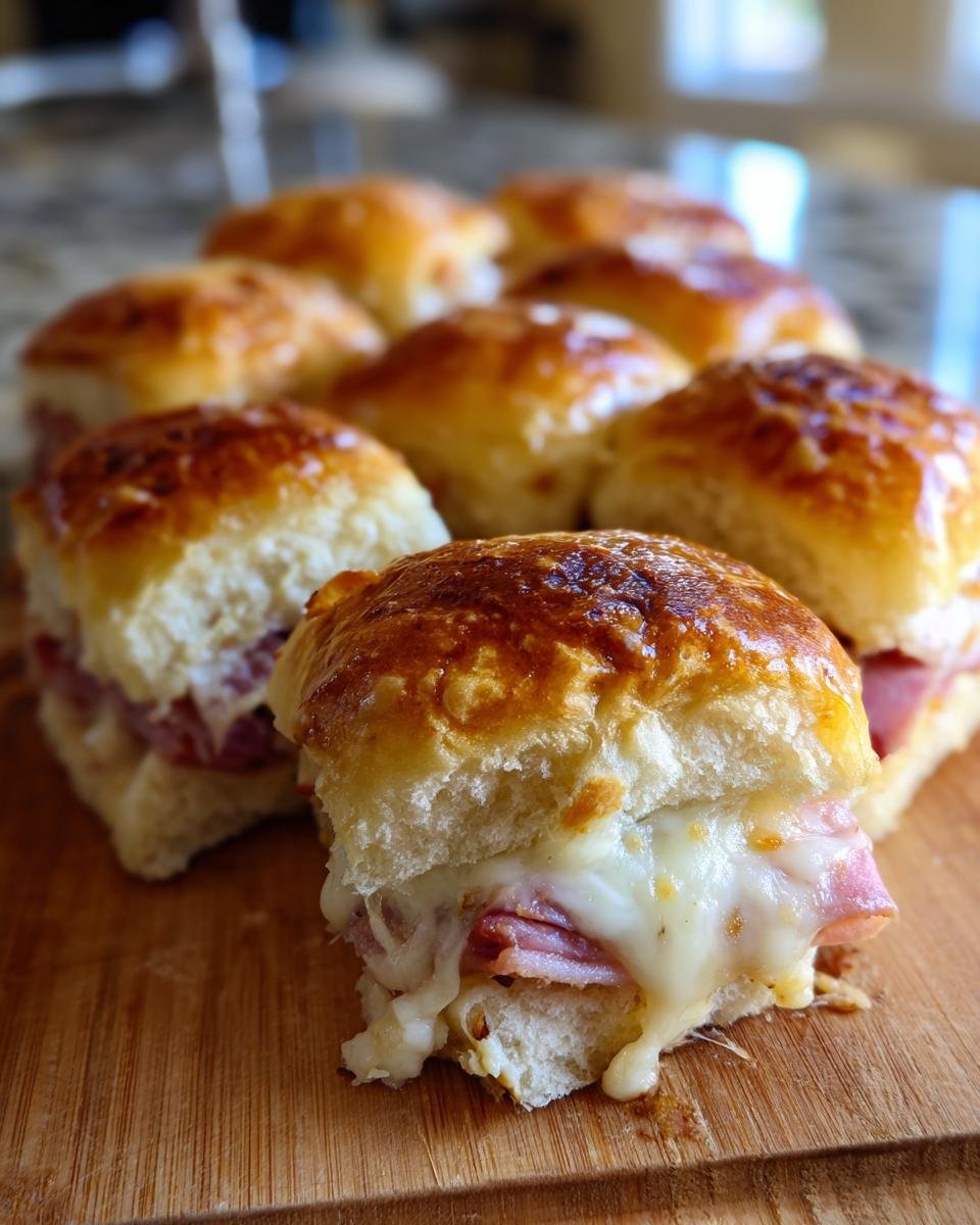 Close-up of irresistible ham and cheese sliders on Hawaiian rolls, with melted cheese oozing out.