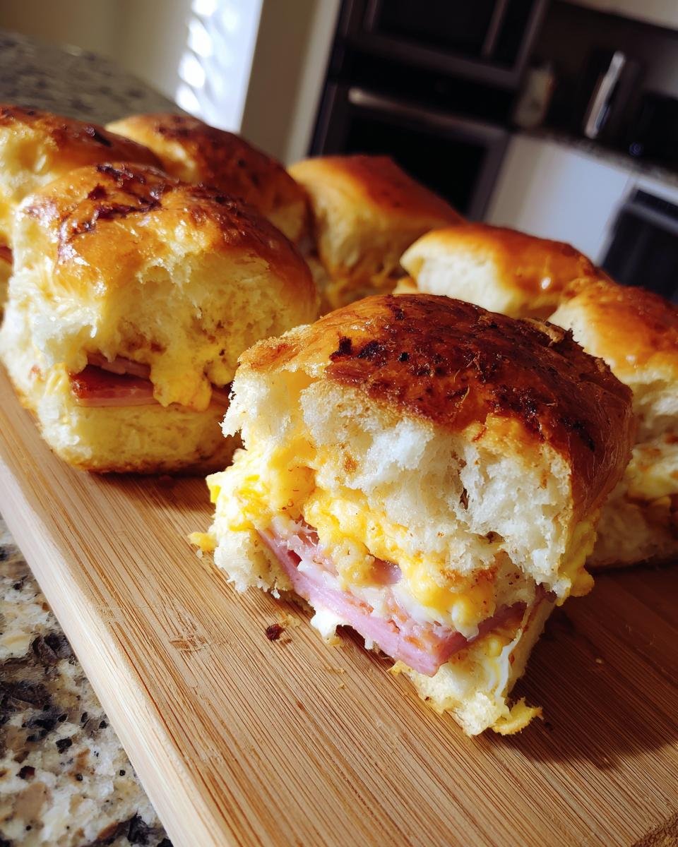 Close-up of Irresistible Ham and Cheese Sliders on Hawaiian Rolls, showing layers of ham, melted cheese, and fluffy bread.