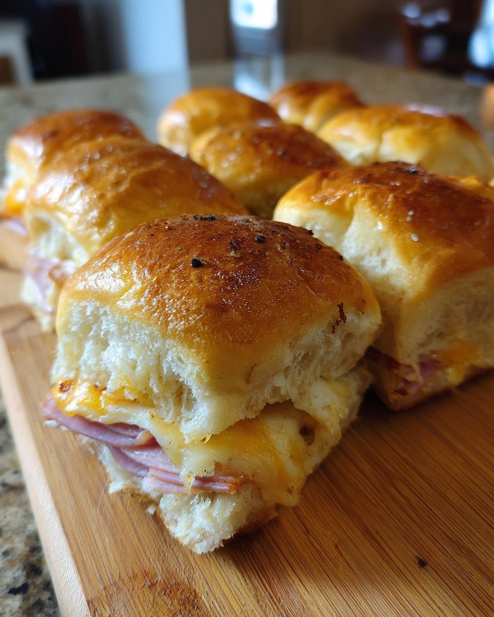 Close-up of Irresistible Ham and Cheese Sliders on Hawaiian Rolls, with melted cheese and ham peeking out.