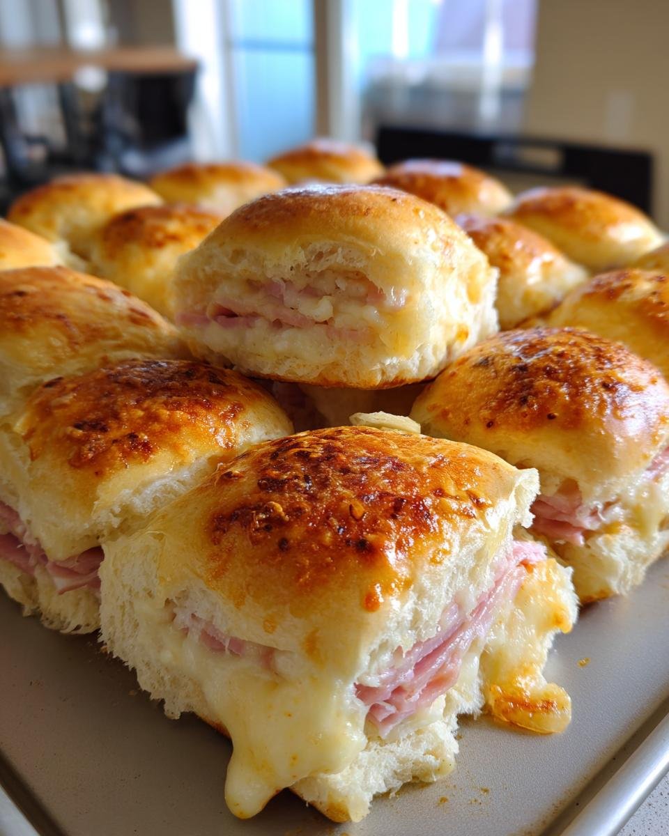 Close-up of Irresistible Ham and Cheese Sliders on Hawaiian Rolls, with melted cheese oozing out.