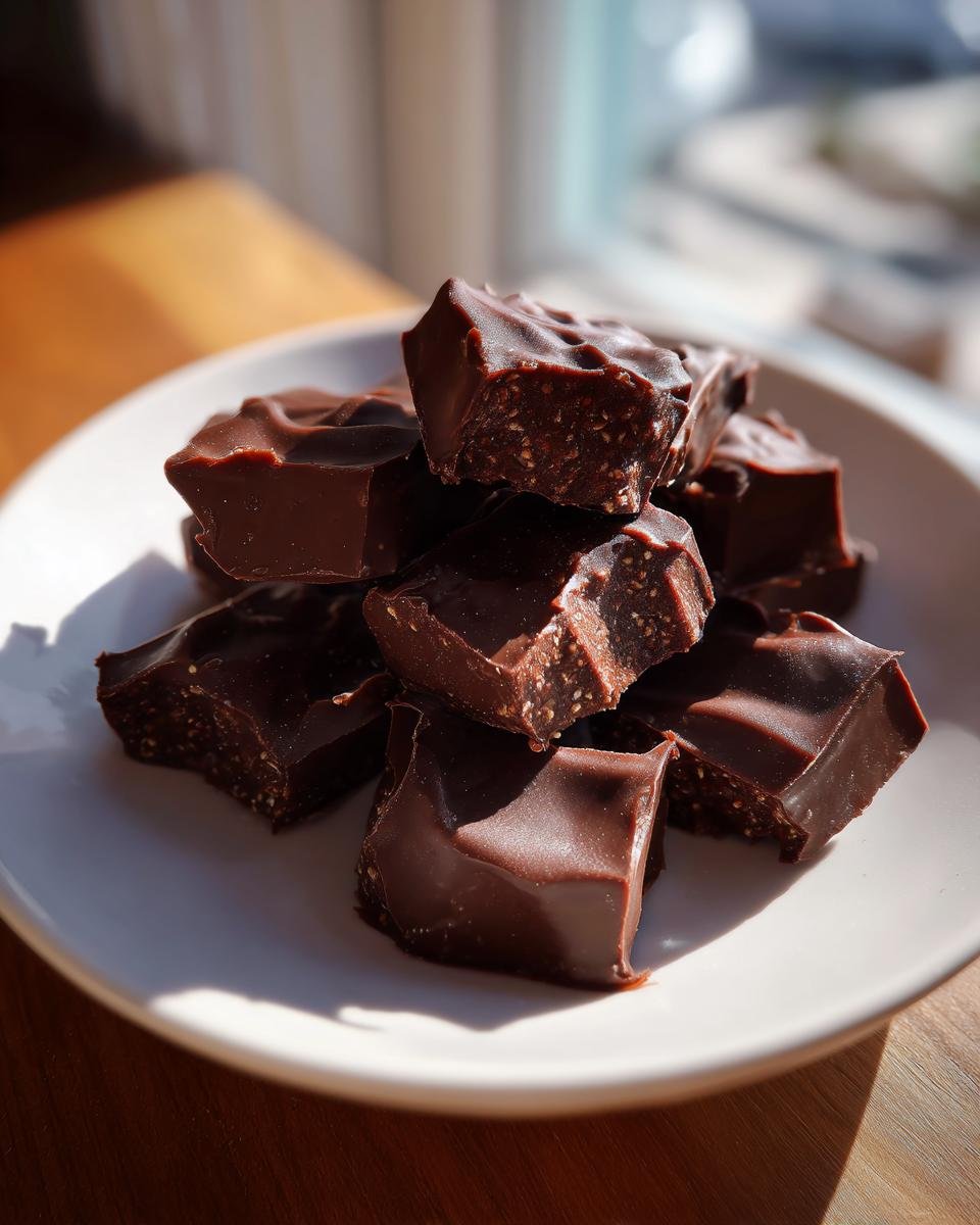 A pile of irresistible healthy dark chocolate quinoa crisps on a white plate, showcasing their rich texture.