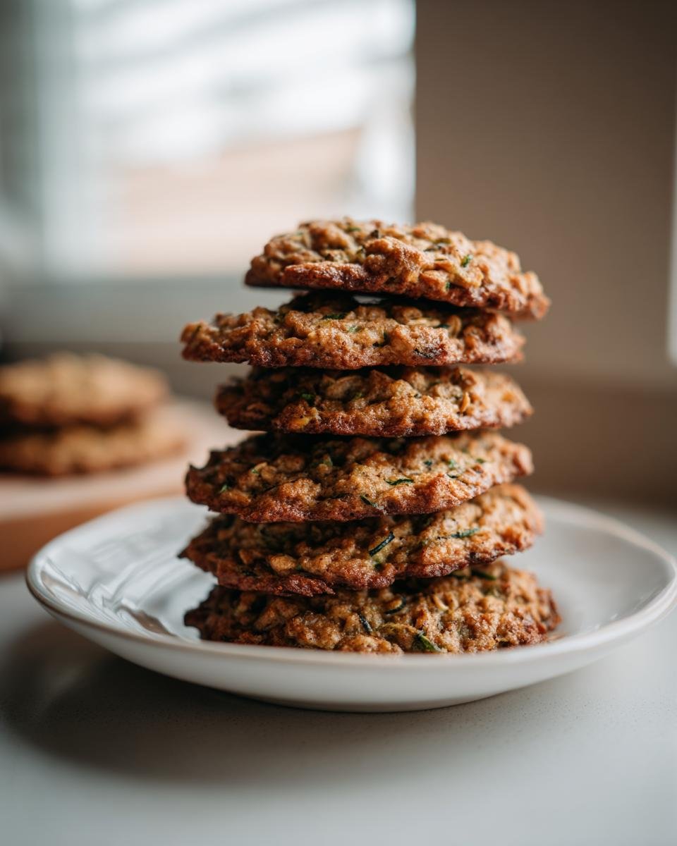 A stack of Irresistible Healthy Zucchini Oatmeal Cookies on a white plate.