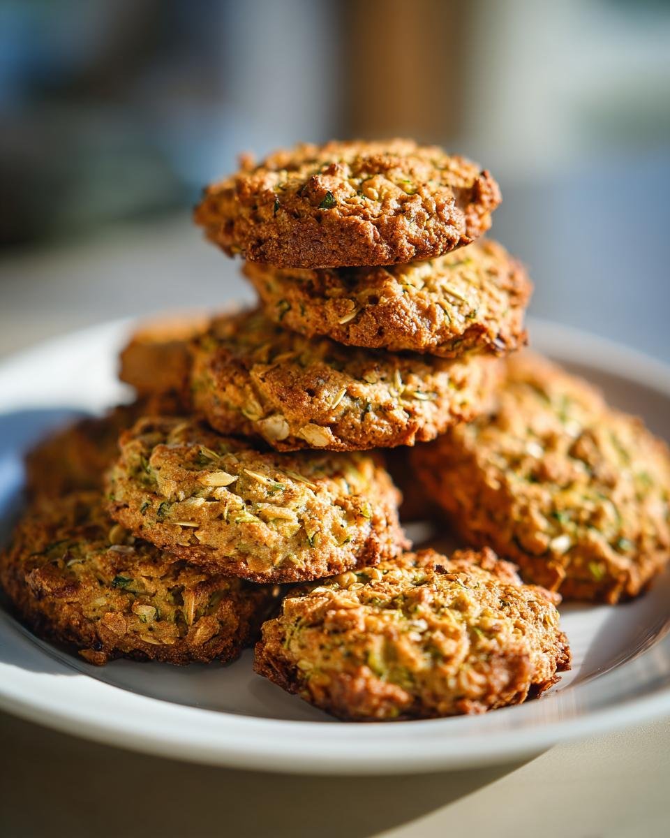 A stack of Irresistible Healthy Zucchini Oatmeal Cookies on a white plate, showcasing their texture and ingredients.