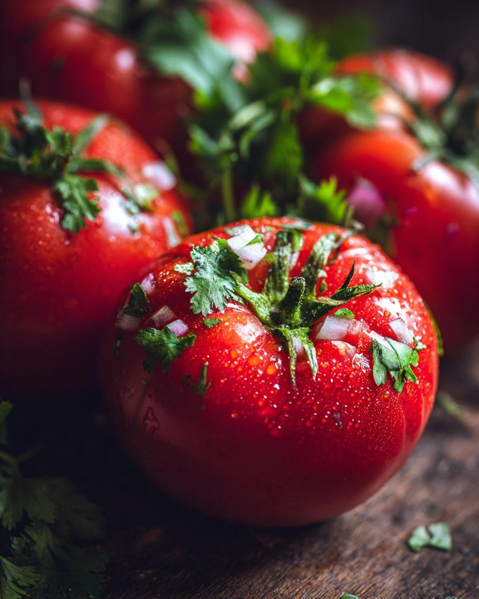 Close-up of ripe red tomatoes with fresh cilantro and diced red onion, ready for an irresistible homemade salsa.