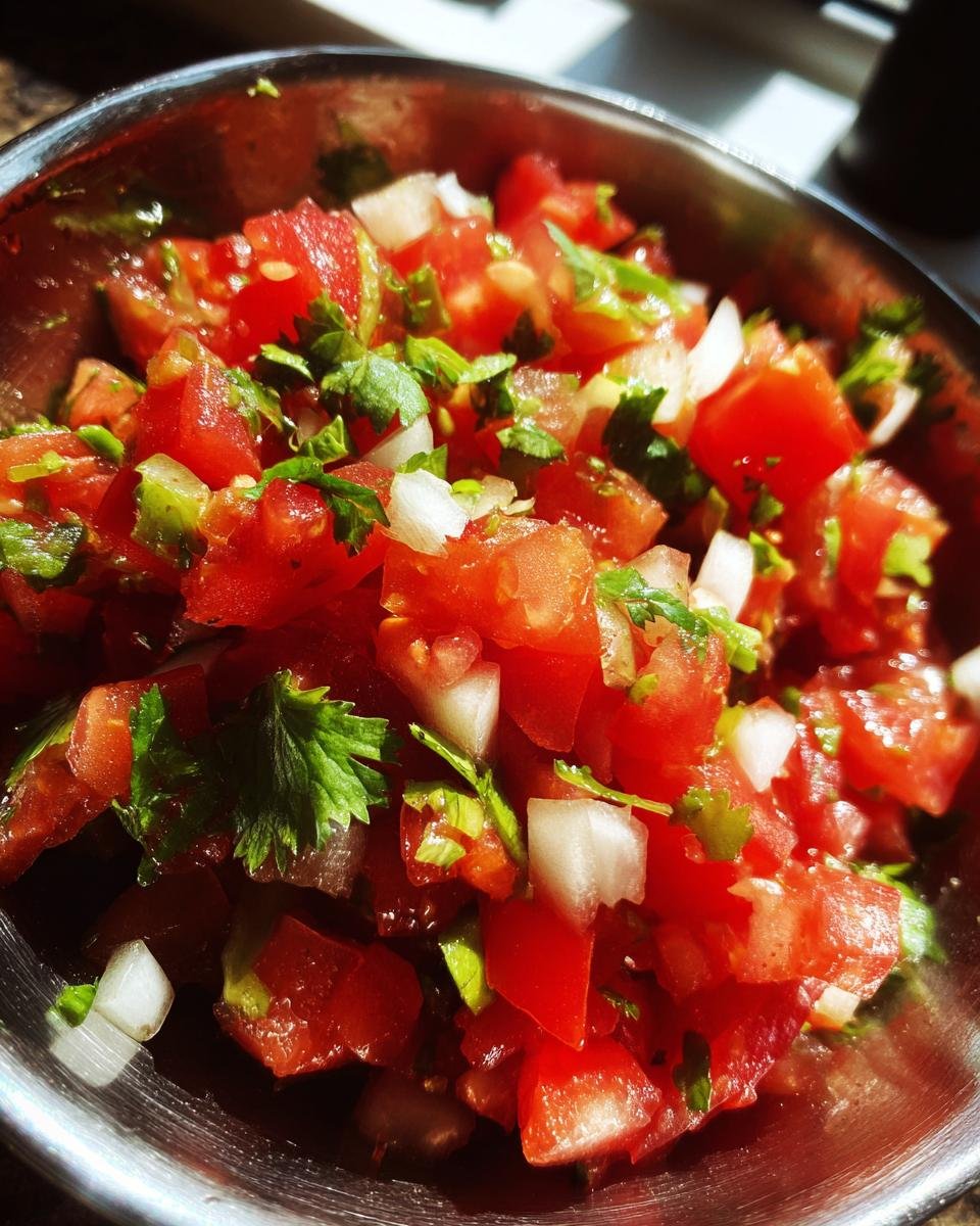 Close-up of a bowl filled with Irresistible Homemade Salsa With Fresh Tomatoes, chopped onions, and cilantro.