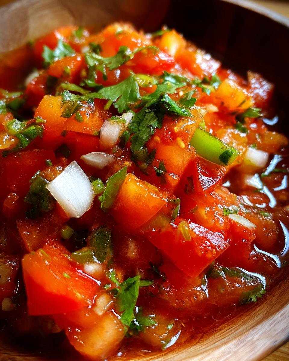 Close-up of Irresistible Homemade Salsa With Fresh Tomatoes, showing diced tomatoes, onions, cilantro, and jalape&ntilde;os in a wooden bowl.