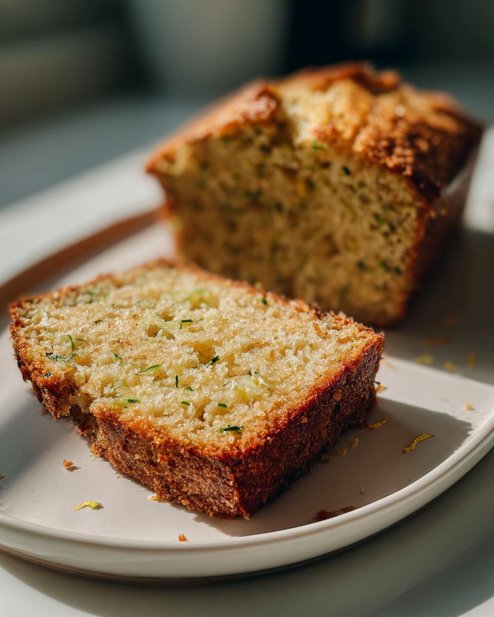 A close-up of a slice of Irresistible Lemon Zucchini Bread on a plate, showing its moist texture and green zucchini flecks.