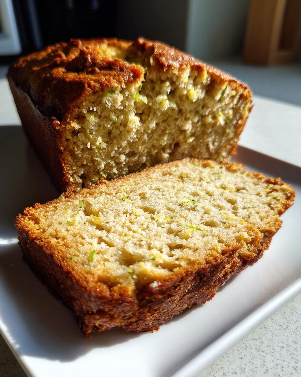 A close-up of a slice of Irresistible Mouthwatering Lemon Zucchini Bread, showing its moist texture and green zucchini flecks.