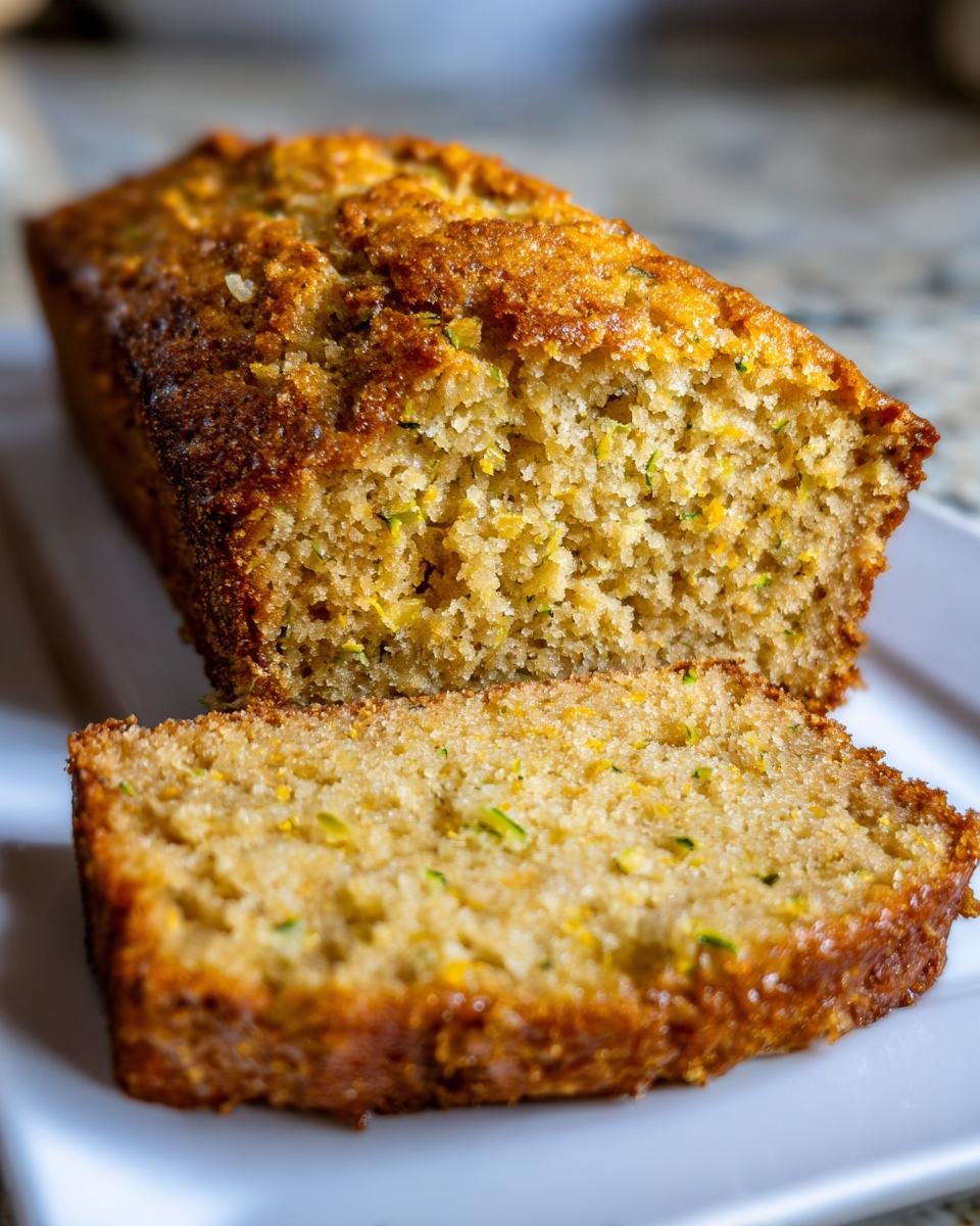A close-up of a slice of Irresistible Mouthwatering Lemon Zucchini Bread, showing its moist texture and visible zucchini shreds.