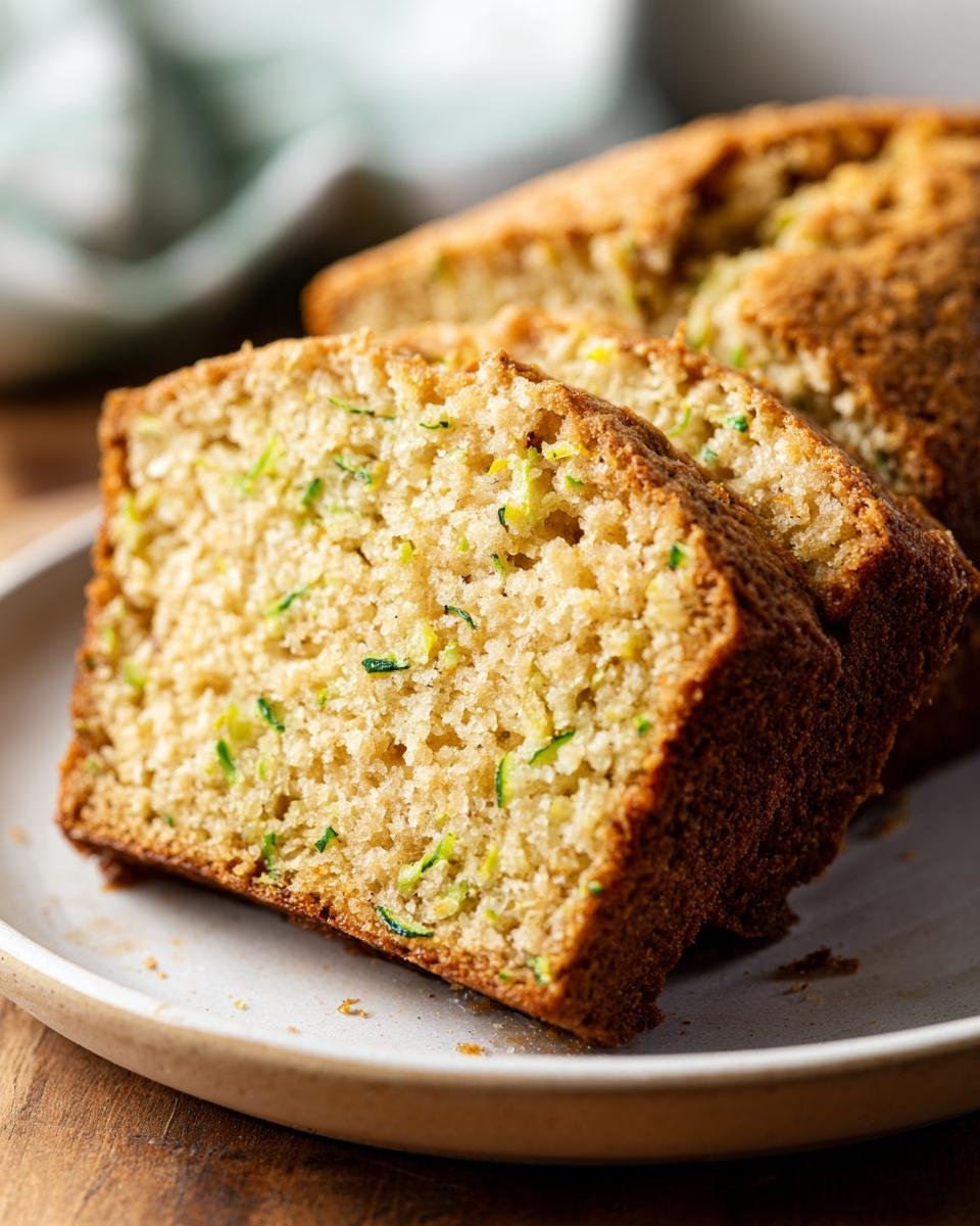 Close-up of three slices of Irresistible Mouthwatering Lemon Zucchini Bread on a plate.