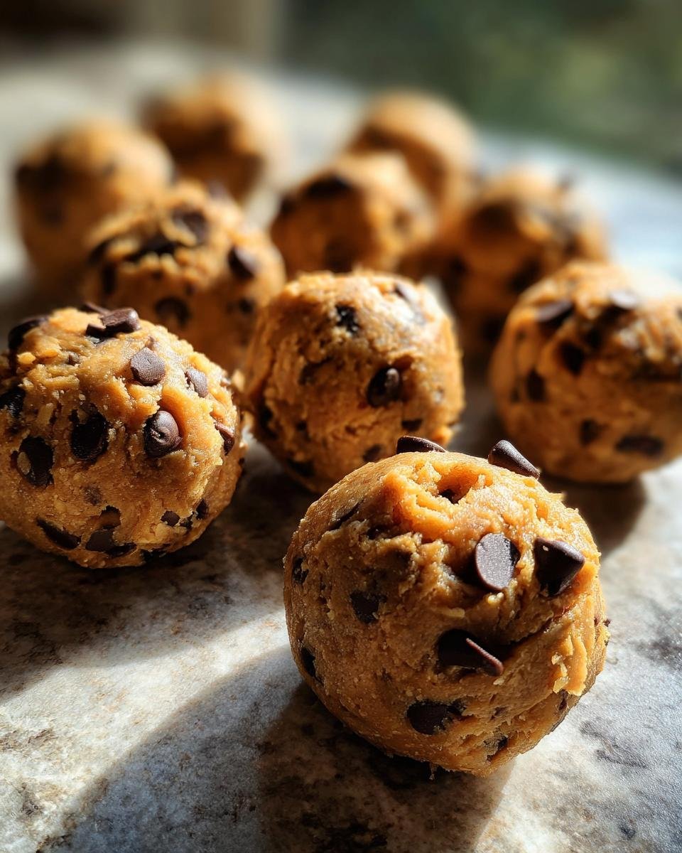 Close-up of Irresistible No Bake Cookie Dough Recipe balls studded with chocolate chips, arranged on a countertop.
