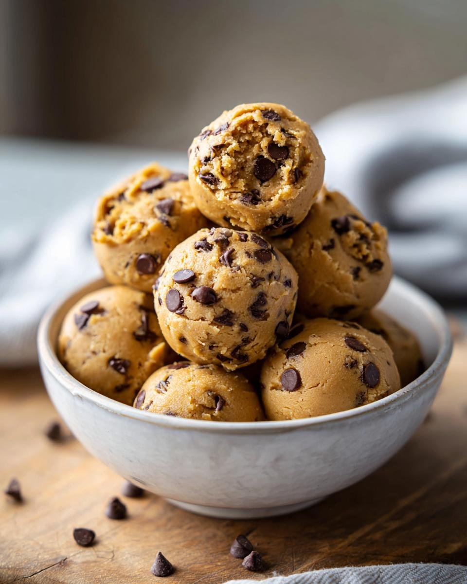 A bowl overflowing with Irresistible No Bake Cookie Dough balls, studded with chocolate chips.