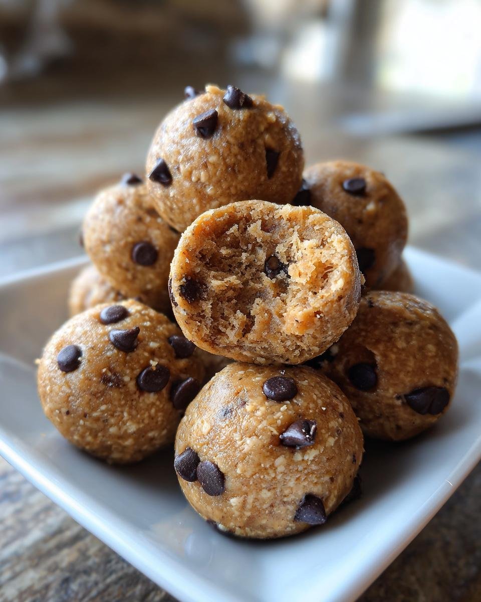 A stack of irresistible no bake cookie dough balls, one of which is broken in half to show the texture, studded with chocolate chips.