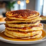 A tall stack of golden brown, fluffy old fashioned pancakes drizzled with syrup.