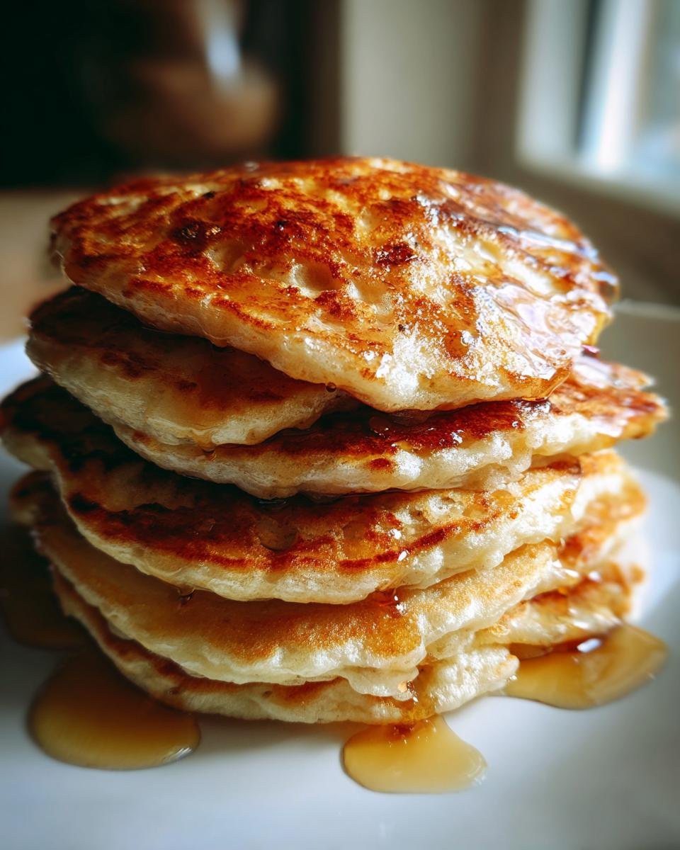 A tall stack of golden brown, fluffy old fashioned pancakes drizzled with syrup.